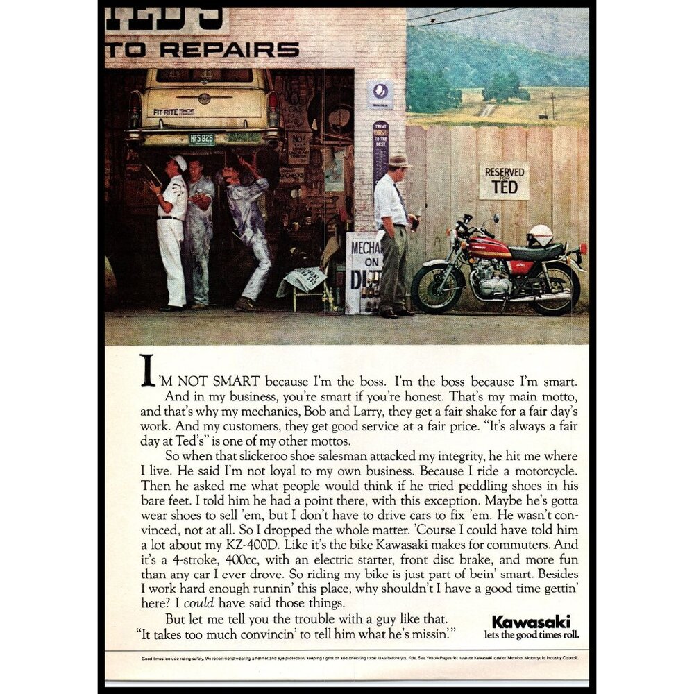 1975 Kawasaki KZ-400D Motorcycle Sport Bike Vintage Print Ad Mechanic Wall Art